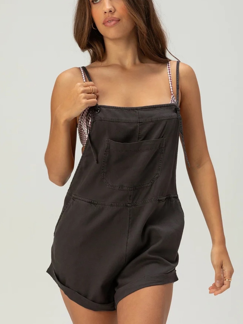BILLABONG Wild Pursuit Womens Romper Off Black Short Charcoal Denim Overalls L